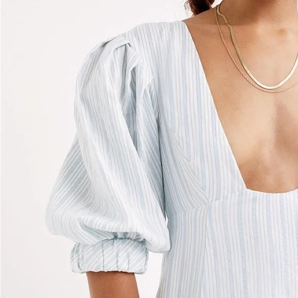 NWT For Love & Lemons Leslie Blue Striped Puff Sleeve Mini Dress - Picture 10 of 16